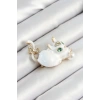 Zirkon Taşlı İnci Detaylı Beyaz 3D Kedi Figürlü Gold Renk Kadın Broş