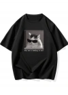 Neden Bana Bakıyorsun? Komik Kedi Grafik Tişört - Dijital Baskılı Siyah Bol Kesim Streetwear Tişört, Erkekler için Dört Mevsim Günlük Gömlek - Siyah