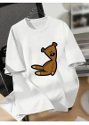 20/1 Penye Compack Ayı Baskılı Oversize Bisiklet Yaka Kısa Kol T-shirt - Beyaz