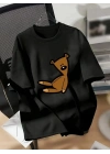 20/1 Penye Compack Ayı Baskılı Oversize Bisiklet Yaka Kısa Kol T-shirt - Siyah