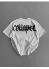 20/1 Penye Compack Baskılı Oversize Bisiklet Yaka Kısa Kol Yazlık T-shirt - Beyaz
