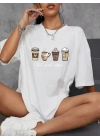 20/1 Penye Compack Baskılı Oversize Kahve Desenli Kadın Kısa Kol T-shirt - Beyaz