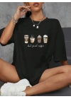 20/1 Penye Compack Baskılı Oversize Kahve Desenli Kadın Kısa Kol Yazlık T-shirt - Siyah