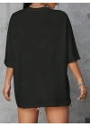 20/1 Penye Compack Baskılı Oversize Kahve Desenli Kadın Kısa Kol Yazlık T-shirt - Siyah