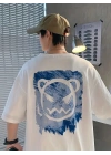 20/1 Penye Compack Bisiklet Yaka Kore tarzı sevimli ayı baskı Kısa Kol Erkek t-shirt - Beyaz