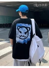 20/1 Penye Compack Bisiklet Yaka Kore tarzı sevimli ayı baskı Kısa Kol Erkek t-shirt - Siyah