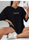 20/1 Penye Compack Classical Baskılı Siyah Oversize Tişort - Siyah