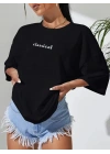 20/1 Penye Compack Classical Baskılı Siyah Oversize Tişort - Siyah