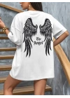 20/1 Penye Compack Dark Angel Baskılı Oversize Kısa Kol Yazlık T-shirt- Beyaz
