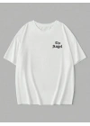 20/1 Penye Compack Dark Angel Baskılı Oversize Kısa Kol Yazlık T-shirt- Beyaz