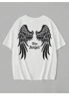 20/1 Penye Compack Dark Angel Baskılı Oversize Kısa Kol Yazlık T-shirt- Beyaz