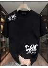 20/1 Penye Compack Day One Baskılı Oversize Bisiklet Yaka T-shirt - Siyah