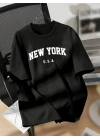 20/1 Penye Compack New York Baskılı Oversize Kısa Kol Bisiklet Yaka T-shirt - Siyah