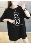 20/1 Penye Compack Ön Arka Baskılı Oversize Bisiklet Yaka T-shirt - Siyah