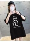20/1 Penye Compack Ön Arka Baskılı Oversize Bisiklet Yaka T-shirt - Siyah