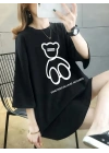 20/1 Penye Compack Ön Arka Baskılı Oversize Bisiklet Yaka T-shirt - Siyah
