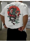 20/1 Penye Compack Ön Arka Ejder Baskılı Oversize Bisiklet Yaka T-shirt - Beyaz