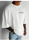 20/1 Penye Compack Ön Arka Ejder Baskılı Oversize Bisiklet Yaka T-shirt - Beyaz