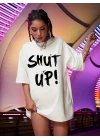 20/1 Penye Compack Oversize Beyaz Shut Up Kısa Kol Yazlık Tişört - Beyaz