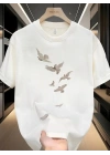 20/1 Penye Compack Özgür kuşlar Baskılı Oversize Bisiklet Yaka T-shirt - Beyaz