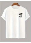 20/1 Penye Compack Palmiye Ön Baskılı Oversize Bisiklet Yaka Kısa Kol Yazlık T-shirt - Beyaz