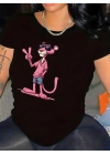20/1 Penye Compack Pembe Panter Baskılı Oversize Bisiklet Yaka Kısa Kol Yazlık T-shirt - Beyaz