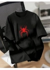 20/1 Penye Compack Spider Baskılı Oversize Unisex Kısa Kol Yazlık T-shirt - Siyah