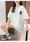 20/1 Penye Compack Tatlı Kedi Baskılı Oversize Bisiklet Yaka T-shirt - Beyaz