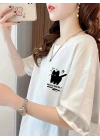 20/1 Penye Compack Tatlı Kedi Baskılı Oversize Bisiklet Yaka T-shirt - Beyaz
