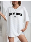 20/1 Penye CompackNew York Baskılı Oversize Kısa Kol Bisiklet Yaka T-shirt - Beyaz