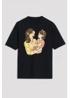 Anneler Gününe Özel Tasarım Anne Kız Baskılı T-shirt - Siyah