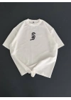 Baskılı Oversize Bisiklet Yaka T-shirt - Beyaz