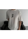 Baskılı Oversize Bisiklet Yaka T-shirt - Beyaz