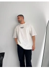 Baskılı Oversize Bisiklet Yaka T-shirt - Beyaz