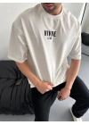Baskılı Oversize Bisiklet Yaka T-shirt - Beyaz