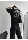Baskılı Oversize Bisiklet Yaka T-shirt - Siyah