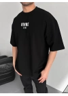 Baskılı Oversize Bisiklet Yaka T-shirt - Siyah