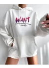 Baskılı Üç İplik Kapüşonlu Oversize Sweatshirt - Beyaz