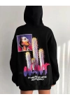 Baskılı Üç İplik Kapüşonlu Oversize Sweatshirt - Siyah