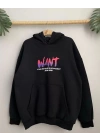 Baskılı Üç İplik Kapüşonlu Oversize Sweatshirt - Siyah