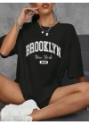 Brooklyn Harf Baskılı Düşük Omuzlu T-shirt, Rahat Kısa Kollu Bol T-shirt, Kadın Giyim - Siyah