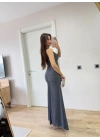 Bürümcük Kumaşlı İçi Astarlı Üzgülü Kolsuz Büzgülü Uzun Elbise - Füme