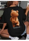 Büyük Boy Ayıcık Baskılı Bisiklet Yaka T-Shirt, İlkbahar & Yaz İçin Rahat Kısa Kollu T-Shirt, Kadın Giyim - Siyah