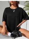 Büyük Boy Ayıcık Baskılı Bisiklet Yaka T-Shirt, İlkbahar & Yaz İçin Rahat Kısa Kollu T-Shirt, Kadın Giyim - Siyah