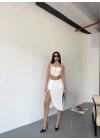 Çepli Şortlu Yırtmaçlı Etek - Beyaz