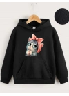 Çocuk Unisex Kapüşonlu Tatlı Kedi Baskılı Sweatshirt - Siyah