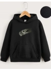 Çocuk Unisex Kapüşonlu Uzaylı Baskılı Sweatshirt - Siyah