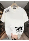 Day One Baskılı Oversize Bisiklet Yaka T-shirt - Beyaz
