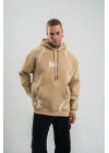 Double Oversize Kapşonlu Şimşek Pano Baskılı SweatShirt - Bej