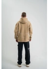Double Oversize Kapşonlu Şimşek Pano Baskılı SweatShirt - Bej